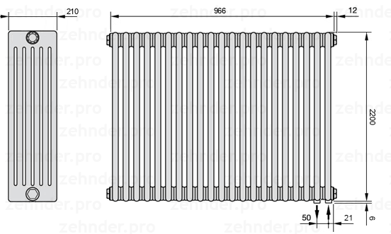 Схема (чертеж) Радиатор Zehnder Charleston 6220/21 №5510 Белый глянцевый RAL 9016